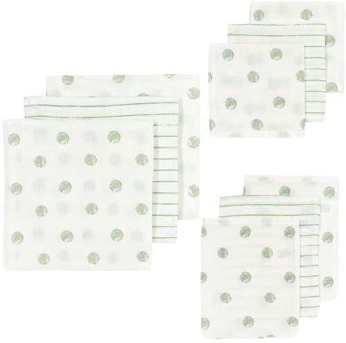 MEYCO Baby Dot Stripe Starterset Musselintücher, 9-teilig (Mullwindeln, Waschlappen & Spucktücher aus 100% Baumwolle, saugstark & schnelltrocknend, multifunktional), Soft Green