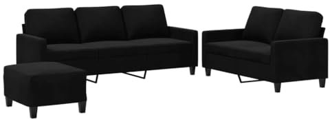 vidaXL Sofagarnitur 3-TLG., Sessel Couch mit Kissen Fußhocker, Sofa Wohnzimmersofa mit Armlehnen, Couchgarnitur Designsofa Sitzmöbel Polstermöbel, Schwarz Samt