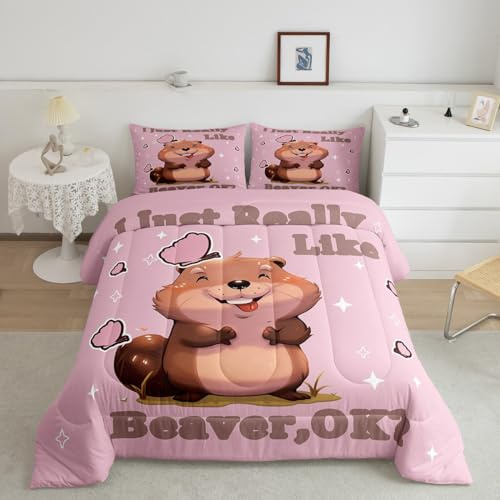 Kids Cartoon Beaver Comforter Set Cute Animals Bedding Set Girly Pink Bedding Home Decor White Stars Kawaii Wildlife Comforter Full Size 3 Pieces Quilted Duvet Set 2 Pillowcase