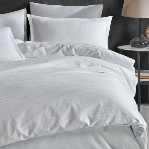 EURO DECO Parure de Lit en Satin à Rayures 4 Pièces - Housse de Couette 220x240 cm + 1 Drap Plat + 2 Taies d'oreiller 65x65 cm - Soyeux Parure de Lit Blanc Adultes 2 Personnes