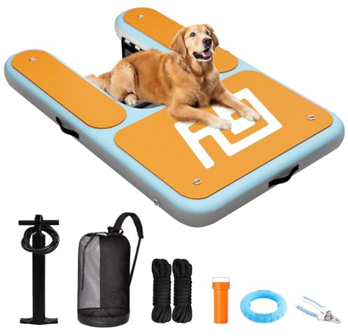 Aufblasbare Wasserrampe für Hunde, aufblasbare Schwimmdock für große Hunde bis zu 100 kg, 12 mm EVA-Schaumstoff-Deck, krallenfreundlich, sicher und höhere Stabilität, schwimmende Leiter für Seen,