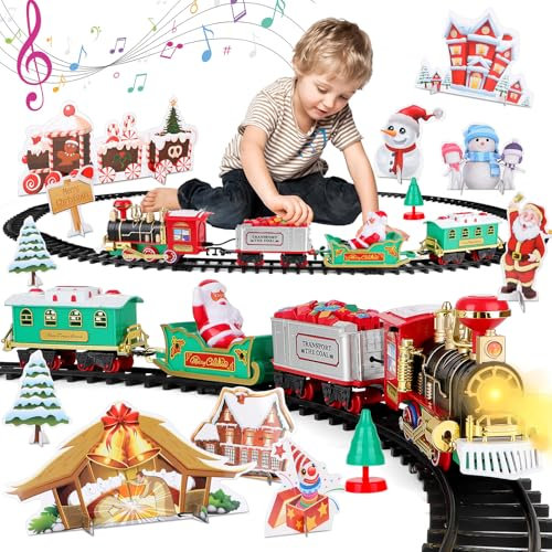 deAO Elektrisches Spielzeug Züge, Weihnachtszug Eisenbahn Schienen Zug Set Batterielok mit Licht und Sound, Eisenbahn Zug Spielzeug mit Zuggleis und 4 Zugwaggons, Weihnachtszug Set für Kinder