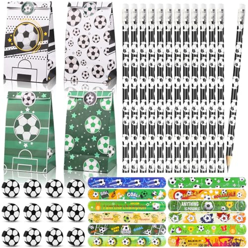 Fizdoqg 48 Stück Geburtstag Gastgeschenke Fussball, Fußball Mitgebsel | 12 Fußball Bleistift + 12 Fussball Radiergummi + 12 Papiertüten + 12 Schnapparmband für Party und Geburtstag