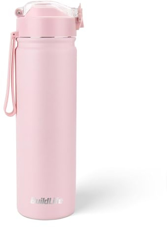 BuildLife 720ML Insulated Water Bottle with Straw,Leak Proof Double Walled Stainless Steel Metal Sports Water Bottles, BPA Free,Dishwasher Safe,Drinking Bottle for Travel,School,Gym (Pink)
