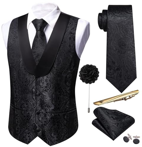 Barry.Wang Conjunto de chaleco de seda de cachemira con cuello en U, chaleco y corbata, 6 piezas, esmoquin para boda, chaleco de traje de vestir S-3XL, Negro, XL