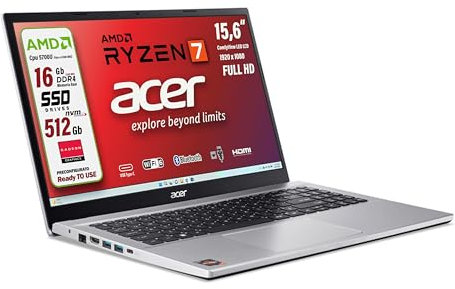 acer, notebook Portatile, Ryzen7 5700u, fino a 4,3 Ghz, Ram 16Gb, SSD PCI Nvme da 512Gb, Display Led 15,6 FHD, 4 usb, wi-fi 6, lan, bt, hdmi Win11, Preconfigurato, garanzia Italia