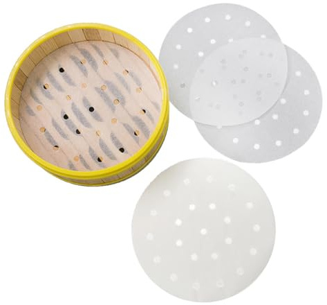 200 Stück Dim Sum Papier als Unterlage für Bambusdämpfer, Dampfgarer Air Fryer Airfryer Liner, antihaftbeschichtet, rundes Backpapier Perforiertes Bambus Papier (5 Zoll/12.7cm)
