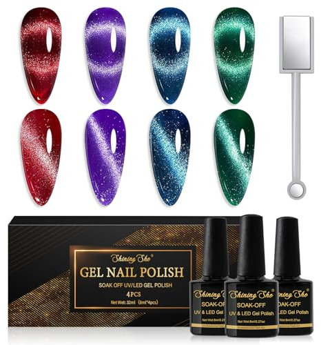 Shining She Cat Eye Gel Nail Polish, 4 Colours Red Purple Blue Green Magnetic Gel Nail Polish with Magnet Soak-Off UV/LED Chameleon Holographic Cat Eye Gel Polish for Nail Art Salon DIY Home, 8 ML
