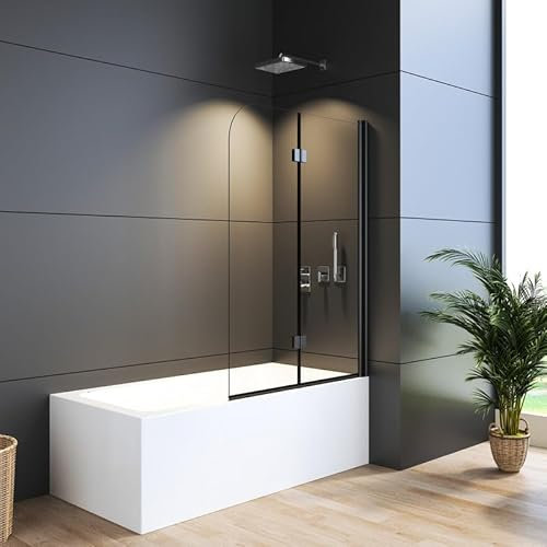 Duschkabine für Badewanne 100x140cm Duschwand 2-Teilig Faltbar, Duschabtrennung Badewannenaufsatz 180° Faltwand, Duschtrennwand aus 6mm NANO Easy-clean-beschichtung Glas, Schwarz Alu