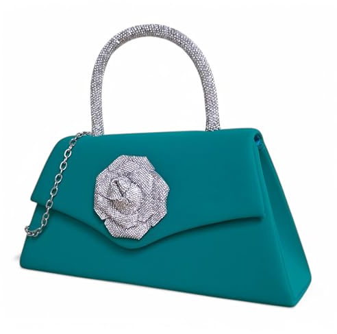 UShopUK Kvällsväska i satin med strass, topphandtag, aftonväska, brud, bal, kvällsfest, aftonväska, Grön, M