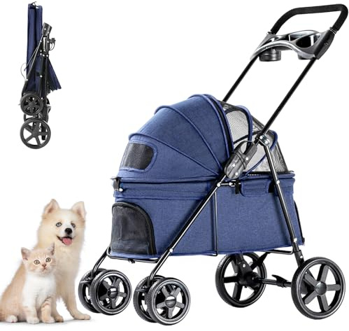 Joyfultails Passeggino per Cani Pieghevole con Ruote Frenate, Carrello per Animali Domestici 15kg, Accesso Autonomo per Cani Piccoli, Leggero e Compatto per Viaggi/Casa, blu