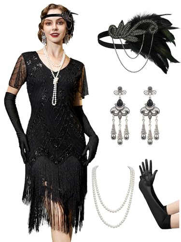 YESSA Flapper Dresses for Women,Short Sleeve 1920s Dresses Great Gatsby Dresses for Women Roaring 20s Costumes Outfits,Black,X-Large