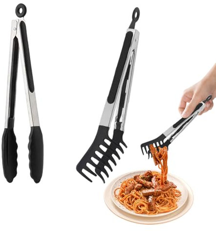 Küchenzange und Nudelzange mit Zähnen, Edelstahlgriff, Silikon-Kochzange zum Kochen, Servieren, Grillen, Buffet, Salat, Braten, 2 Stück