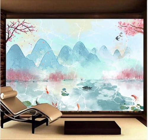 Abstract Mountains Fish Boat Pink Flowers 3D Wallpaper Office Living Room Sofa Bedroom TV Background Wall Decoration-430cm×300cm