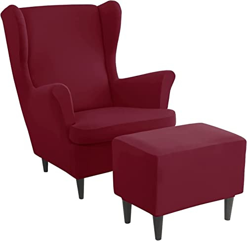 Generisch Ohrensessel überzug mit Hocker Bezug, 2 Teilig Sessel-Überwürfe+1 Teilig Ottomane Schonbezug, Beige/Grün/Rosa/Blau Ohrensessel Schonbezüge Sesselhusse Stretch Tiger Stuhlbezug mit Armlehne