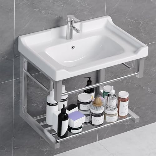 Keramik-Waschbecken, rechteckiges Eckwaschbecken zur Wandmontage 60 x 40 cm, mit Edelstahlständer, für Waschküche, Außenbereich, Küche, Garten, Geschäft, Notfall