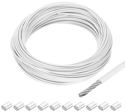 QUARKZMAN 98Ft(30m) Cavo Acciaio Inossidabile 304 Fune 1/12(2mm) Rivestito in Vinile con 10Pz Manicotti in Alluminio per Appendere, Filo Stendibiancheria per Esterno, Sollevare Bianco