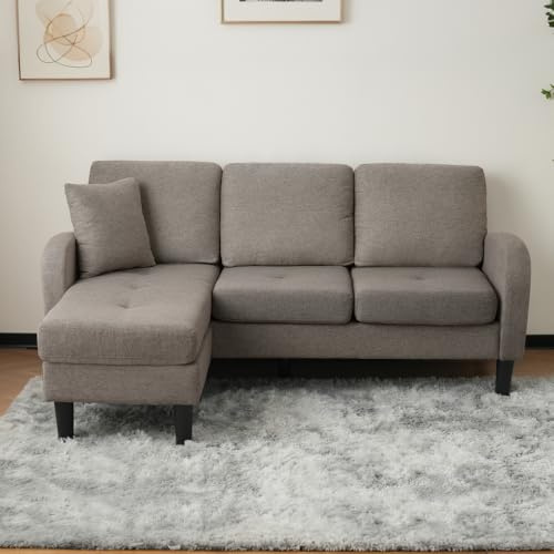 Zubaliya Ecksofa in L-Form mit Ottomane, 3-Sitzer-Sofa, 166 x 118 x 77 cm, atmungsaktiver Stoff aus Baumwolle und Leinen, Füße aus Kunststoff, ideal für Wohnzimmer, Wohnungen und Büros (Dunkelgrau)
