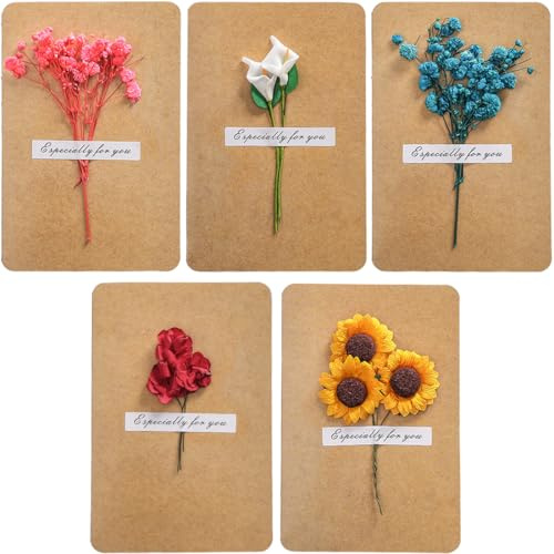 5 Pcs Tarjeta de Felicitación, Postales Vintage con Flores Secas Decoradas Postales, Tarjeta Kraft Felicitacion Cumpleaños Bebe Regalo Sobres Navidad Boda (15 * 10cm)