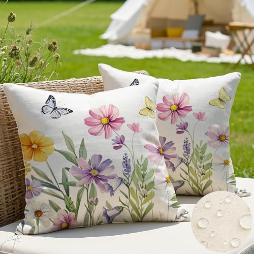 JANGYUHH 2er Set Outdoor Kissen 40x40 cm Kissenbezug Wetterfest Modern Farbe Blumen Dekokissen Sommer Rosa Kissenbezüge für Garten Sofa Couch Wohnzimmer Schlafzimmer Doppelseitiges Muster Kissenhülle