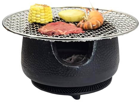 Cast Iron Teapot Warmer with Candle, Small Heavy Charcoal Stove for Tea Pot, Tea Kettle Warmer Set with Trivet, Barbecue Grill, ​Hibachi with 18/8 Stainless Steel Mesh