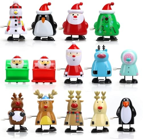 LATERN 14 Piezas Juguete de Cuerda Navidad, 5CM x 7CM Figuras de Cuerda Mini Papá Noel Muñeco de Nieve Pingüinos Caminar Saltar Juguete para Niños Adultos Navidad Calcetín Relleno Fiesta Bolsa Relleno
