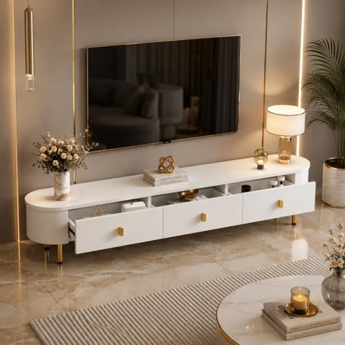 OLIVIBED TV-Schrank mit 3 Schubladen, TV Tisch mit Goldenen Griffen und Beinen, Modernes Fernsehtisch für Fernseher 70 Zoll, Abgerundete Ecken, Fernseherschrank für Wohnzimmer, 174x35x41cm, Weiß