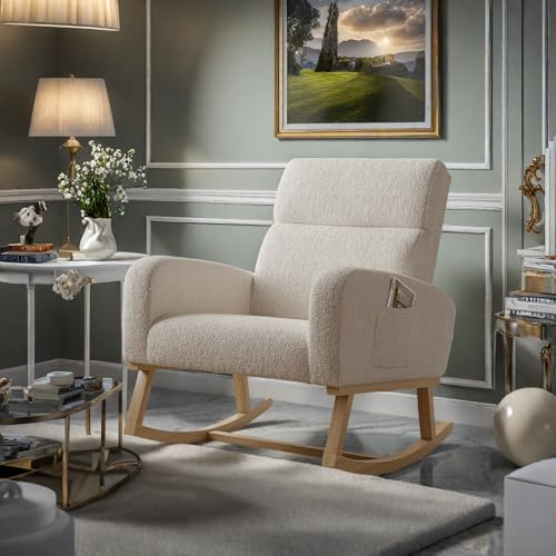 KeepGoon Schaukelstuhl,bequemer Sessel mit Seitentasche, für Babys und Kinder,Rocking Chair für Wohnzimmer und Garten,Schaukelstuhl mit Hocker, ideal Relaxen und Lesen (Beige)