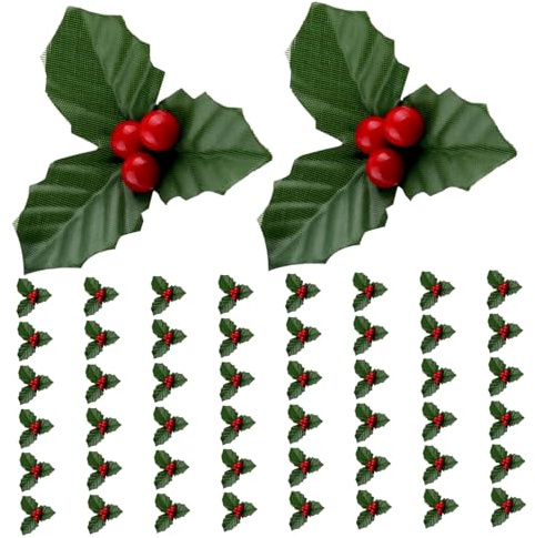 SMELEYOU 50pcs Ornements de Noël Rouges Set Mini Faux Holly et Berry Decorations DIY Christmas Flowers Decor with Wire Bracket for Floating Candle Vase Holiday Decor