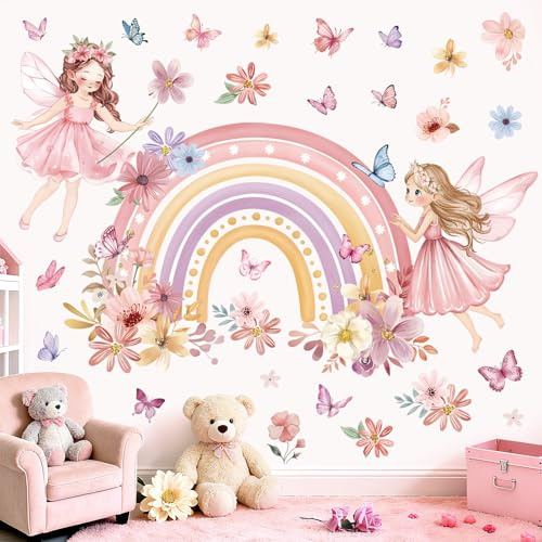 wondever Wandtattoo Mädchen Regenbogen Wandsticker Fee Blumen Schmetterling | Abziehen und Aufkleben, Abziehbar, Wandaufkleber Selbstklebend für Kinderzimmer Mädchen Babyzimmer Mädchenzimmer Wanddeko