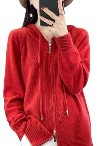 Generico Cardigan Donna Elegante,Cardigan in Cashmere da Donna, Felpe con Cappuccio, Maglione Rosso Lavorato A Maglia con Cappuccio, Maglione Corto con Cappuccio,