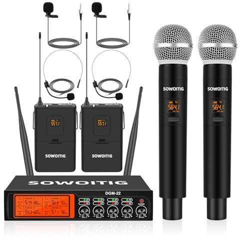 SOWOITIG Kabelloses Lavalier-Mikrofon mit Headset und Handmikrofonen – Professionelles 4-Kanal UHF Funkmikrofonsystem, 193 m Reichweite für Kirche, Karaoke, Hochzeit, Party, Familienfeier