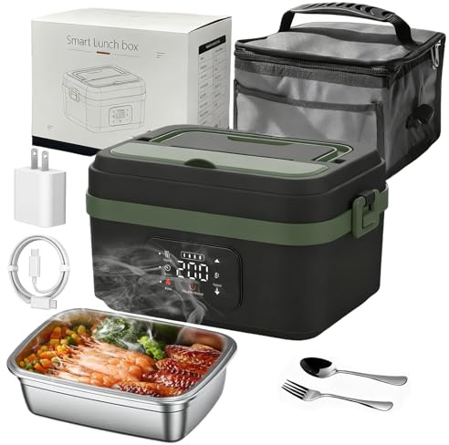 Gamelle Chauffante avec Batterie, 1L Lunch box Chauffante, Chauffage Programmable, 60W, 2*4000mAh Rechargeable Batterie, avec Minuterie et Sac Isotherme, pour Travail, Voiture, Chantier (Vert)