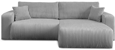 Lookway Ecksofa Move L-Form mit Schlaffunktion und Bettkasten, modernes Cord-Stoff Schlafsofa 200x130 cm, Eckcouch mit Stauraum, Wohnlandschaft mit Kissen, universell montierbar (Hellgrau - Tilia 86)