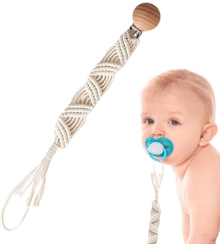 Walopola Schnuller-Clip, Boho, handgefertigte Paci-Clips, Holz- und Baumwollseil, flexibler Halter, Boho-Paci-Clip für Mädchen,
