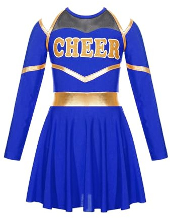 CNYUON Cheerleading, kostymer, uniform, långärmad, dansklänning med hand blommor huvudbonader randiga strumpor för scenframträdande för Cheerleading, klänning (blå, 16)