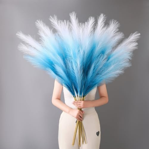 Larber 8 Pezzi 113CM Grande Pampas Decorative Artificiali Erba di Pampa XXL Pampa Artificiali Fiori Secchi per la Decorazione Boho del Salotto, Matrimoniale, Vaso, Camera da Letto (Blu Sfumato)