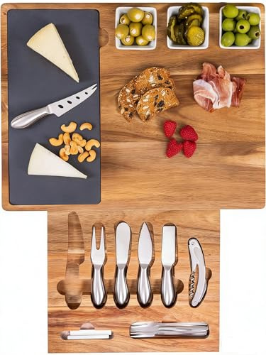Juego de tablas de embutidos de madera de acacia con pizarra negra, juego de cuchillos de acero inoxidable y accesorios para servir queso, carne, frutas, aperitivos