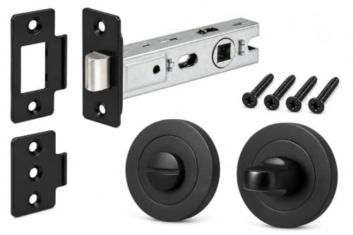 HouseFittingsUK Round Bathroom Thumb Turn & Release Lock Set, Matt Black | 64mm Tubular Mortice Bathroom Latch, Privacy Door Lock, For Internal Bathroom WC Toilet Doors