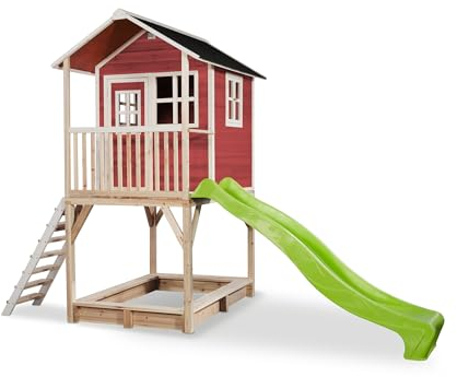 EXIT Toys Loft 700 Holzspielhaus für Draußen mit Sandkasten & Langer Rutsche - Wasserdichtes Gartenhaus für Kinder - Einfache Montage - 100% FSC Zedernholz - 391x190x269cm - Rot