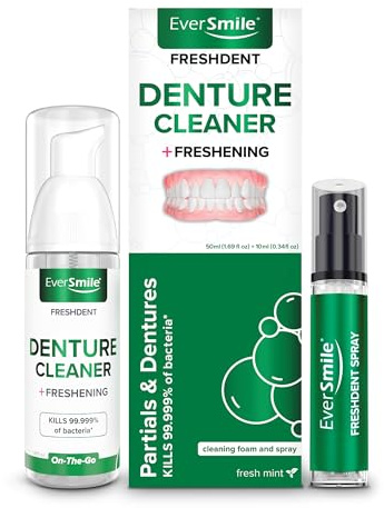 EverSmile FreshDent Denture and Partial Denture Cleaner + Teeth Whitening Spray – Travel Size Alternative to Cleaning Tablets That Eliminates Bacteria and Fights Bad Breath – 50ml + 10ml Pack