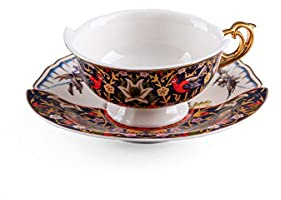 Seletti KANNAUJ Ensemble de tasses à thé hybrides élégantes pour table hybride, occidental, oriental, motif floral, moderne, durable, soucoupe, soucoupe à thé noir