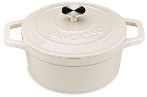 Vancasso Gusseisen Bräter, 2L /Ø 20cm Gusseisen Topf mit Deckel für Brot Backen, Schmortopf, Kasserolle, Gussbräter für Alle Herdarten und Induktion Geeignet, Rund, Creme Weiß
