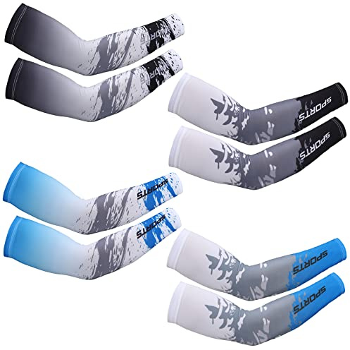 Newcotte 4 Pairs UV Sun Protection Arm Sleeves Cooling Sports Sleeve Anti Slip Ice Silk Warmers Arm Covers for Men Women (Blue, Black,Large)