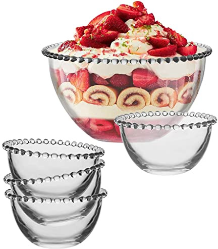 Dibor Large Glass Bowl Set Trifle Serving Bowl & Set of 4 Dessert Bowls | Alfresco Dining, Servware, Bowls, Trifle Dish, Trifle Bowl, Tableware, Crockery, Beaded Edge, Bella Perle