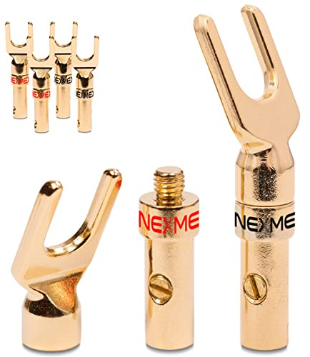 NEXMEX High End Kabelschuhe 6 Stück (3-Paar) Gabelschuhe für Kabel bis 6mm² 24K vergoldet löt- oder schraubbar für Lautsprecherkabel HiFi-Boxen Verstärker Endstufen Steckverbinder, NM_KS_6