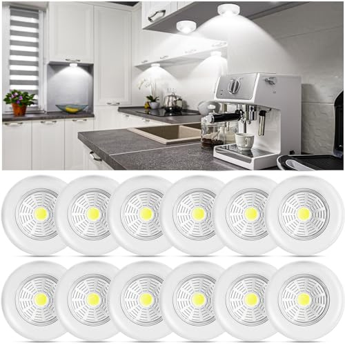 Macarrie 12 Pack Wireless LED Puck Lights, Under Cabinet Lighting, 70 Lumens Portable Touch Light, Stick on Battery Powered, for Kitchen Closets Cabinets Garage Bedroom Shelf(Classic Style)