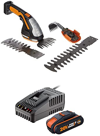 WORX WG801E.91 Tagliasiepi, Nero & WA3601 Kit 1 Carica Batteria Rapido + 1 Batteria Power Share 20V/2.0Ah agli Ioni di Litio