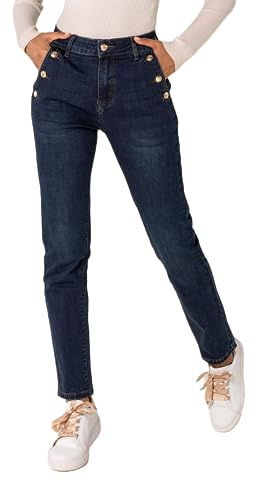 Nina Carter P216 - Jeans da donna Mom a vita alta, jeans con look usato, jeans stretch, M