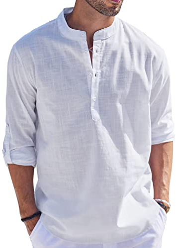 Cegerne Camisa de Lino de algodón de Manga Larga para Hombre Camisa Henley con Botones Camiseta Lisa Casual Camiseta de Hombre para Playa Hippie
